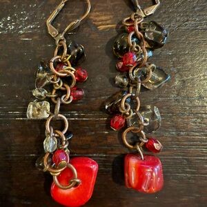 Handcrafted dangling Earrings Red Gemstones with Copper